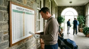 Golfer bekijkt de handicapslagentabel bij het clubhuis