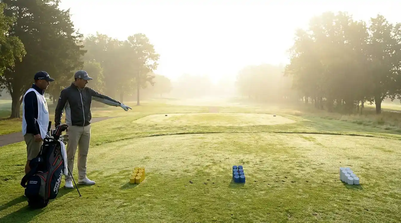 Golfer kiest zijn tee positie op de eerste hole