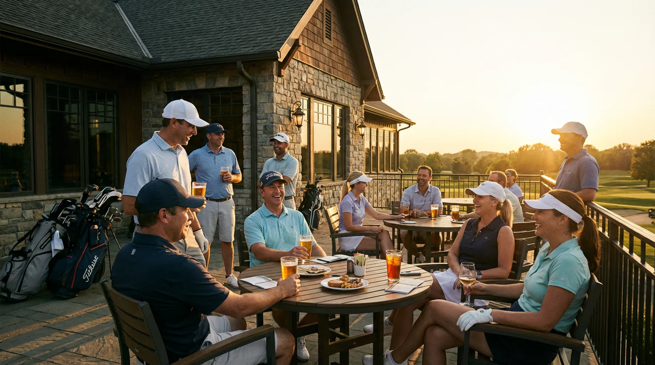Golfers bespreken hun ronde na afloop bij het clubhuis