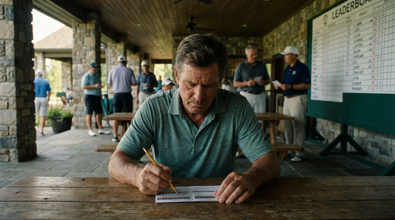 Golfer controleert de scorekaart na een wedstrijdronde