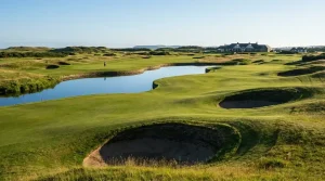 Overzicht van een uitdagende golfbaan met bunkers en waterpartijen