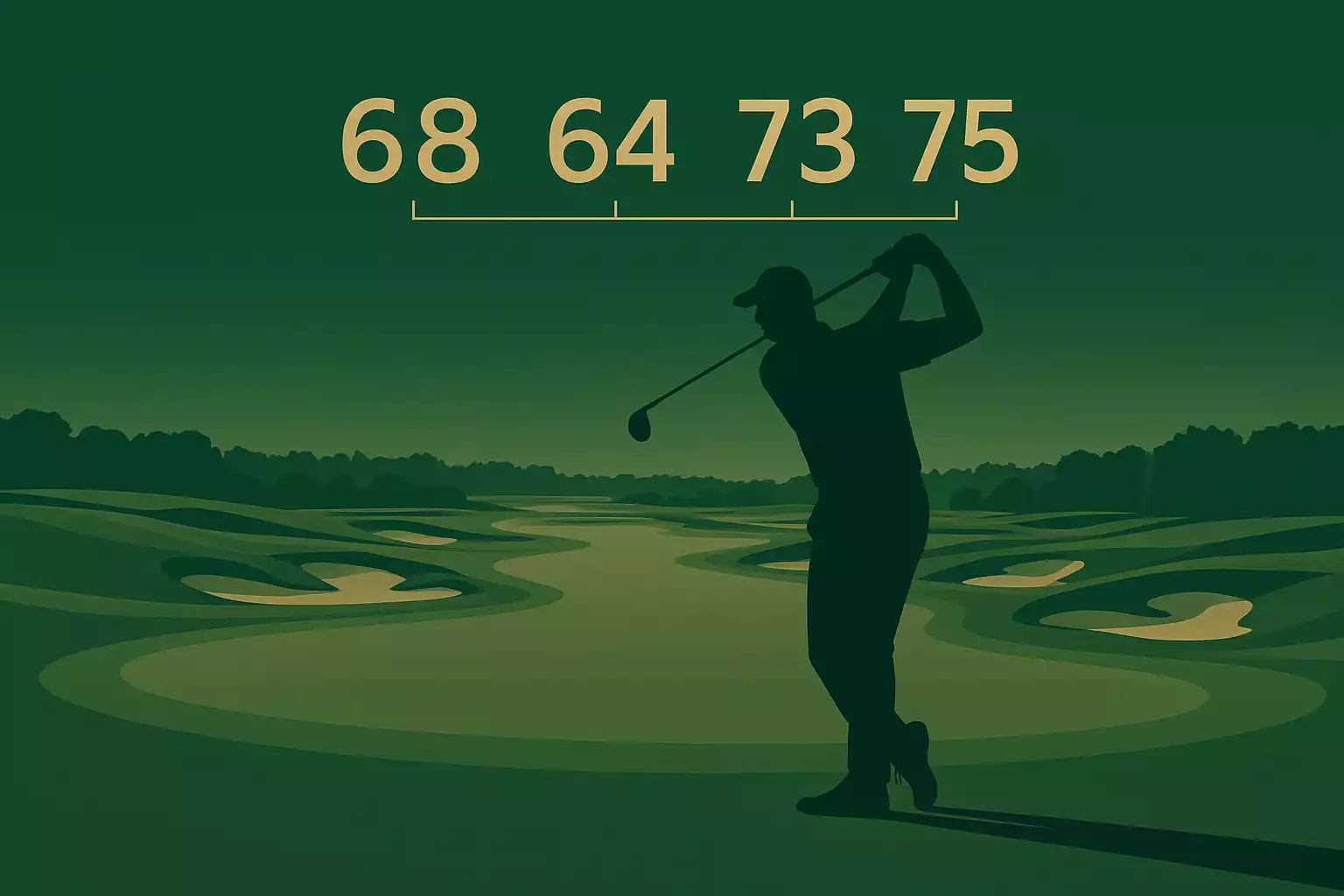 Conceptuele illustratie van een scratch golfer silhouet op een professionele golfbaan met abstracte rating schaal van 68 tot 75