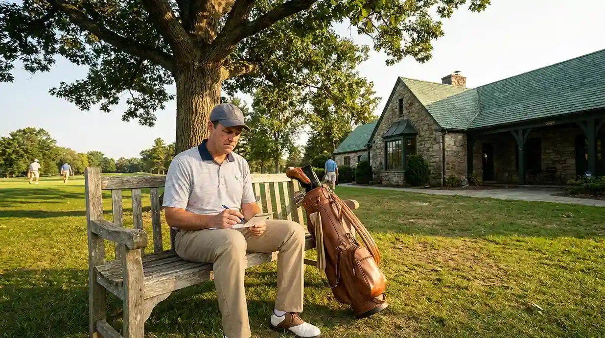 Golfer bestudeert zijn scorekaart met een pen in de hand