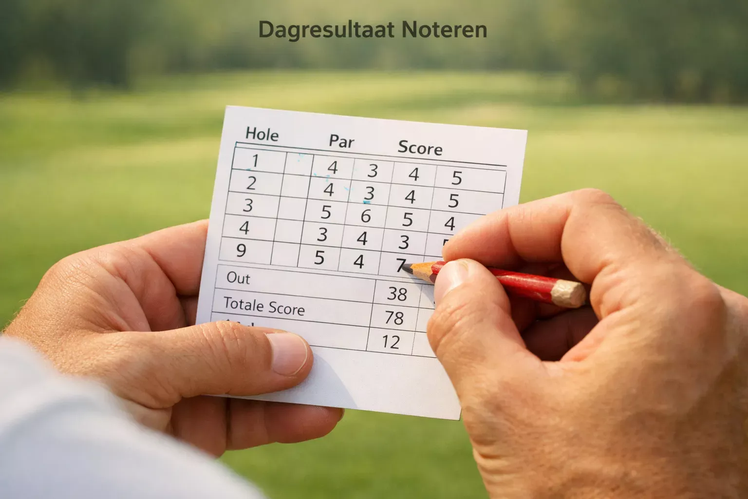 Golfer noteert zijn score op een scorekaart na het voltooien van een hole