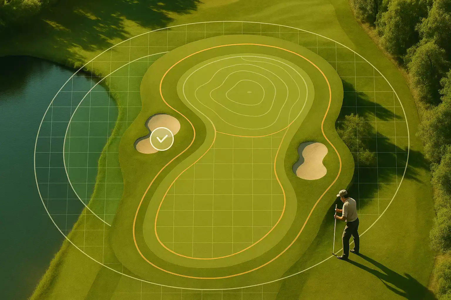 Luchtfoto van golfhole met meetgrid overlay, bunker posities en waterpartij impact zones gemarkeerd voor professionele rating evaluatie