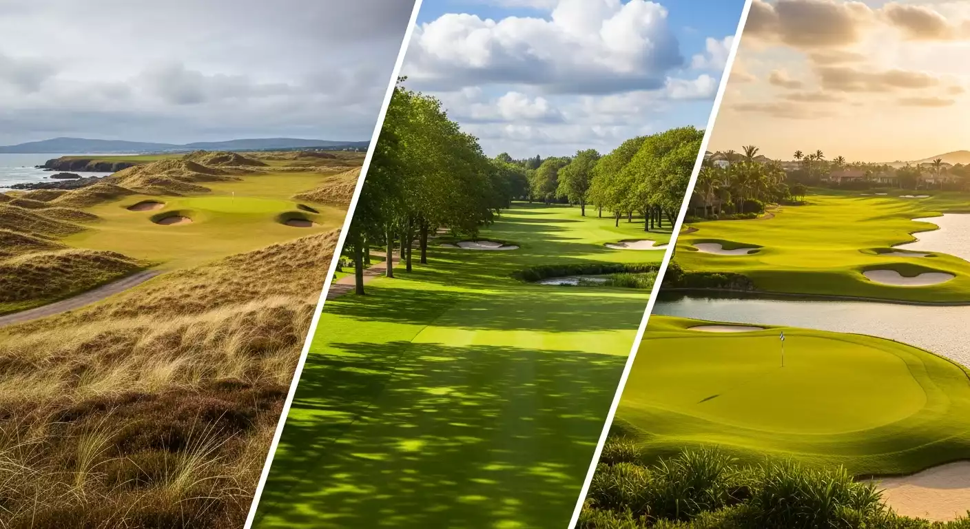 Vergelijking van drie golfbaantypen: Schotse linksbaan met kustduinen, weelderige parkbaan met bomen, en resort-baan met waterpartijen en bunkers