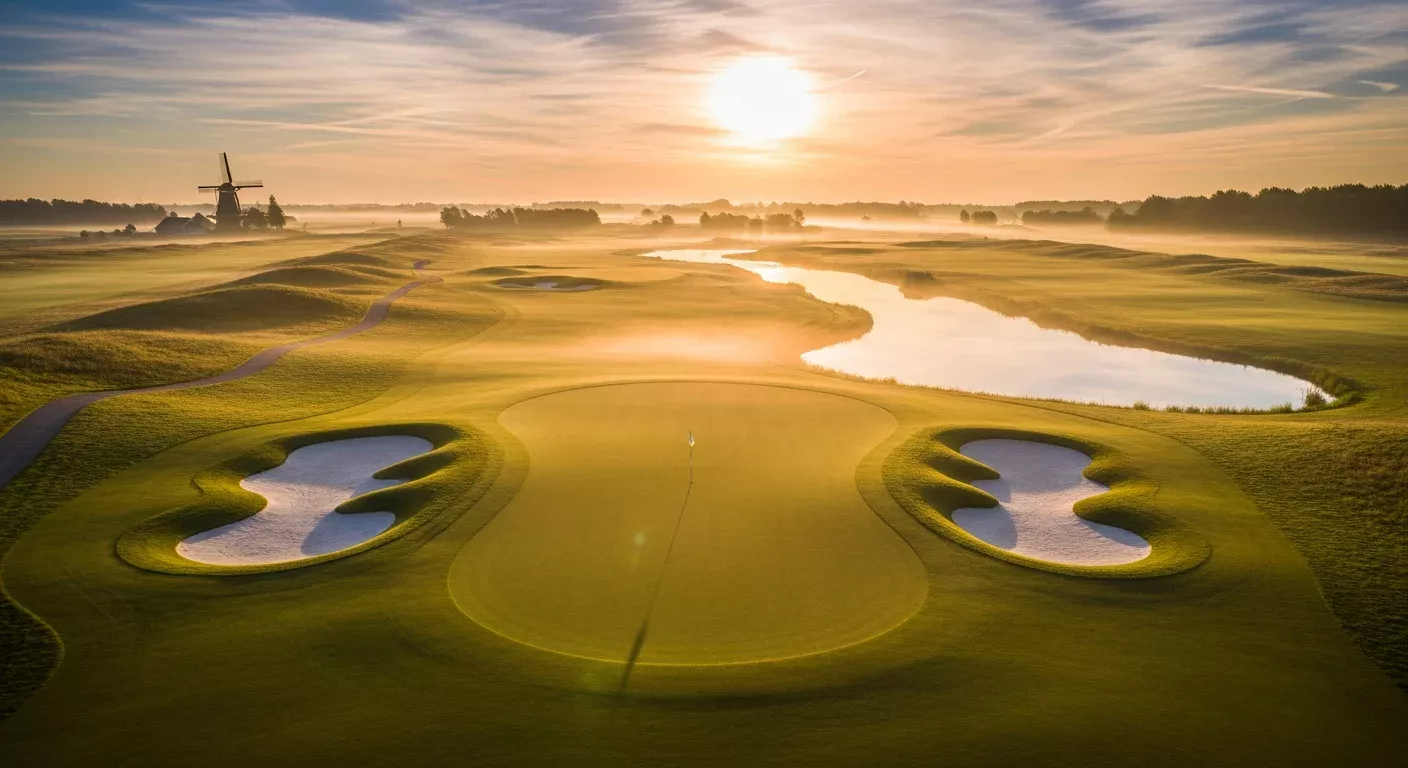 Panoramisch luchtfoto van een prachtige Nederlandse golfbaan bij zonsondergang met sappig groene fairways, witte zandbunkers, ochtendnevel boven het gras en een traditionele Hollandse molen op de achtergrond