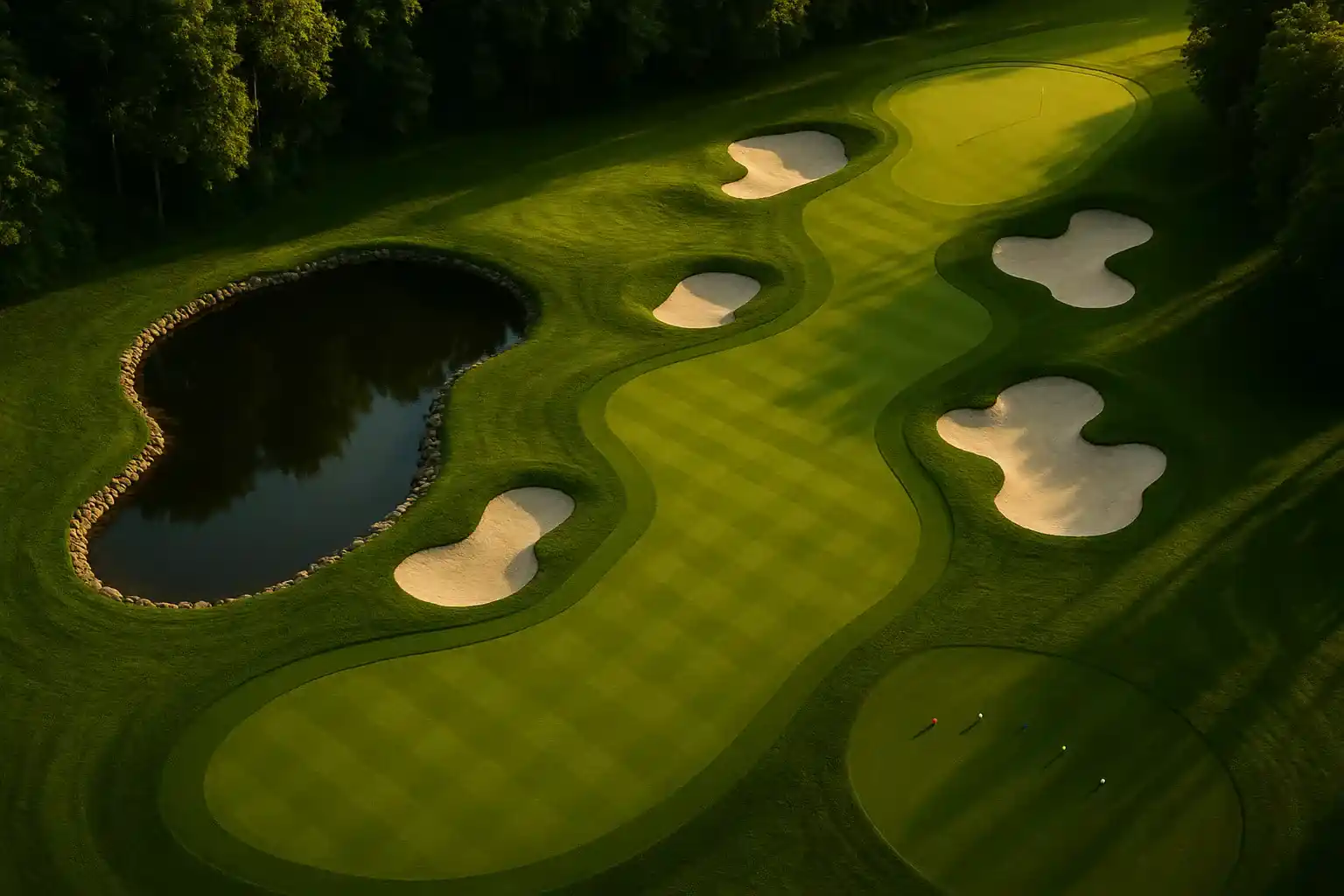 Luchtfoto van een uitdagende golfhole met strategisch geplaatste witte bunkers, waterhindernis, bochtige fairway en verschillende tee posities die de elementen van course rating en slope rating illustreren