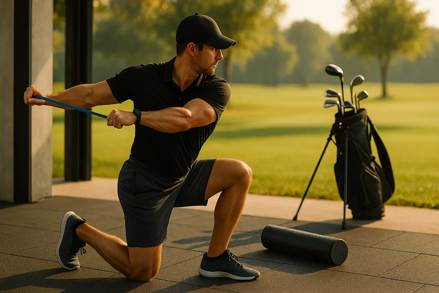 Atletische golfer voert golf-specifieke stretching oefening uit met nadruk op heup- en schoudermobiliteit, weerstandsband zichtbaar