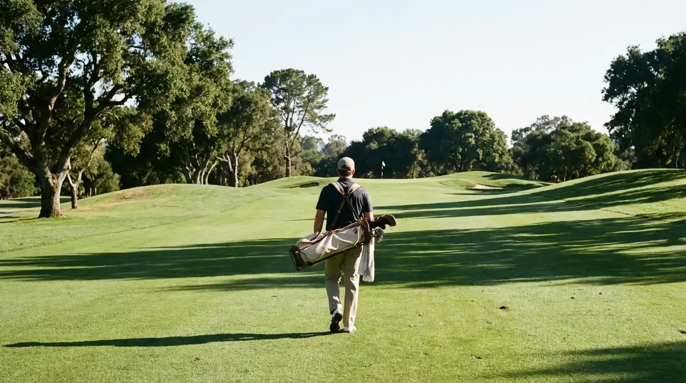Golfer loopt over de fairway met golftas op zijn rug