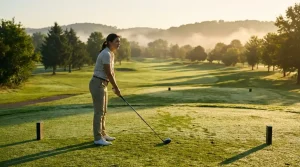 Beginnende golfer staat klaar voor zijn eerste slag op de tee