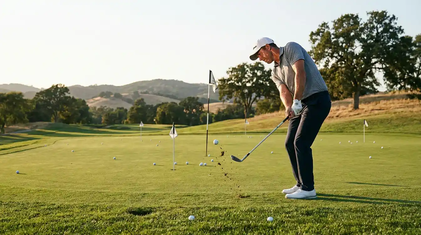 Golfer oefent zijn korte spel rond de oefengreen
