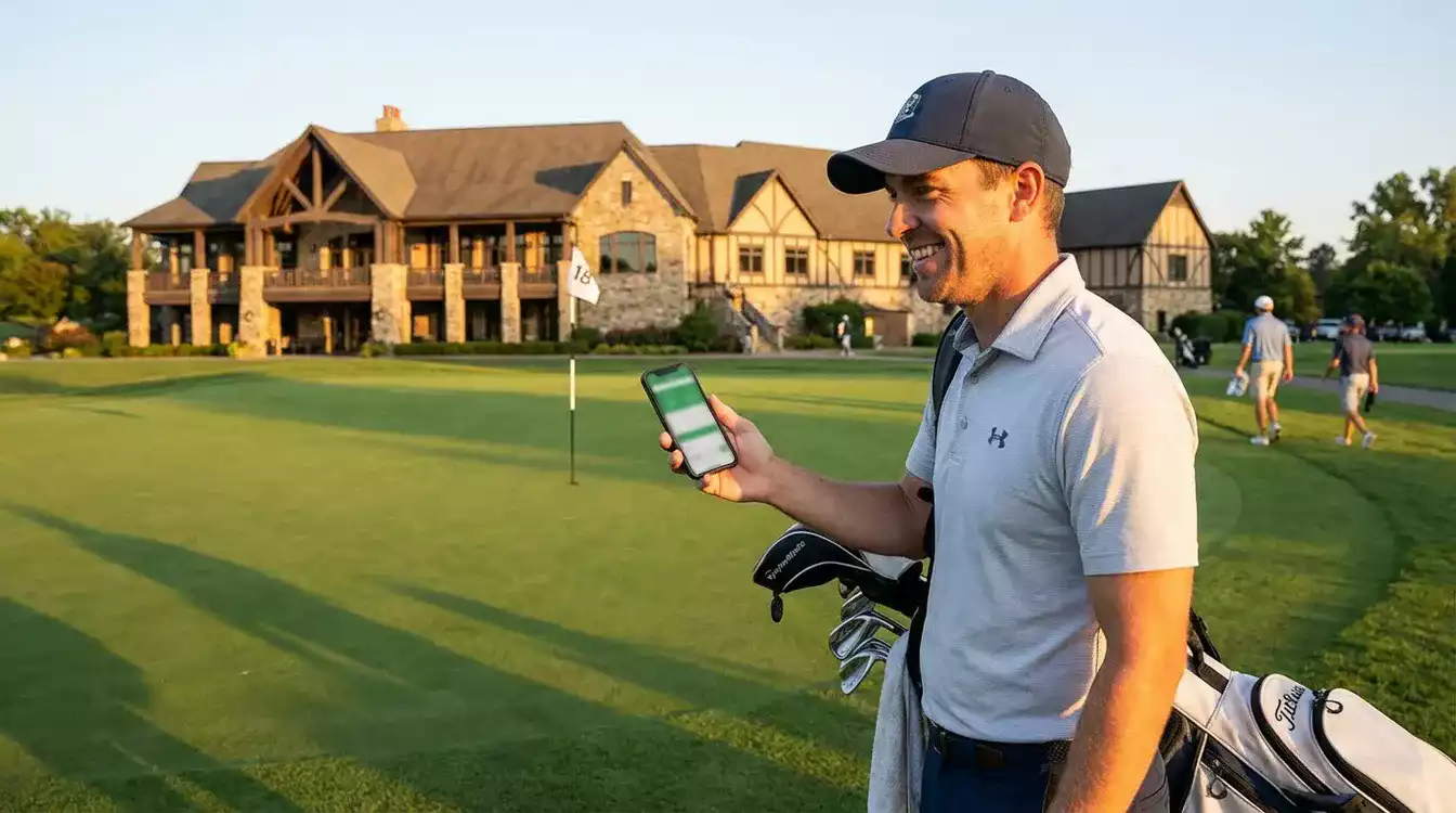 Golfer bekijkt zijn score op een smartphone na een ronde
