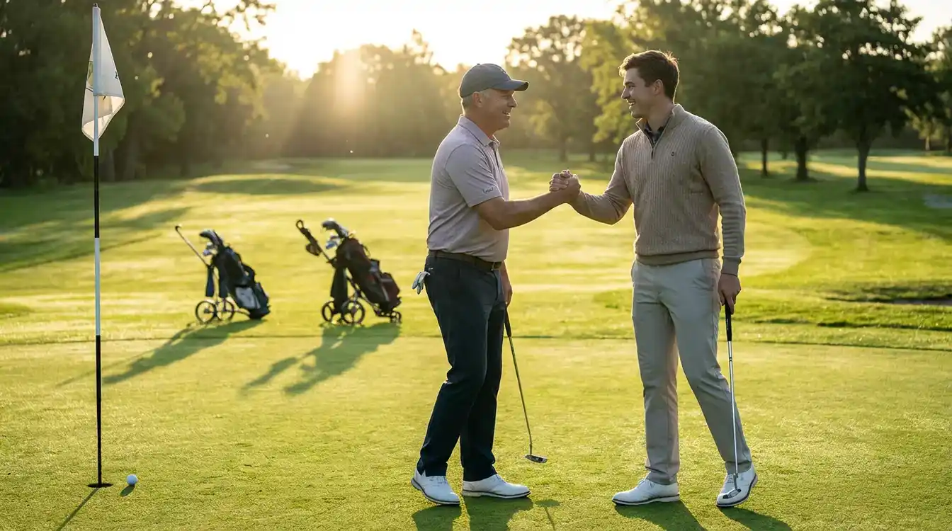 Twee golfers schudden handen na een wedstrijd op de green