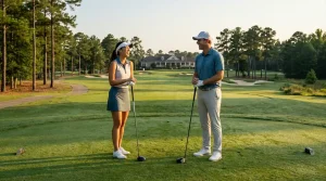 Vrouwelijke en mannelijke golfer staan samen op de tee van een golfbaan