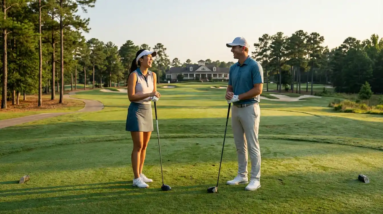 Vrouwelijke en mannelijke golfer staan samen op de tee van een golfbaan