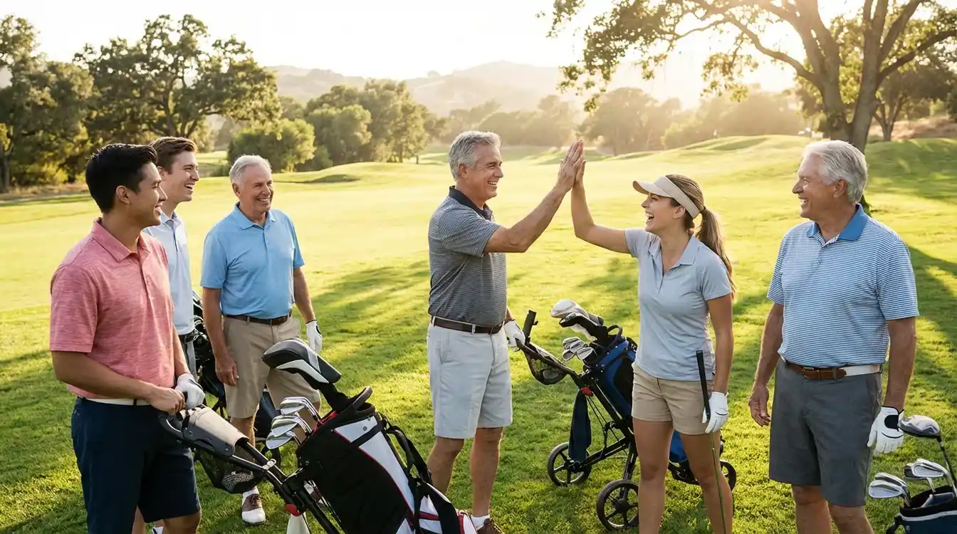 Gemengd team van mannelijke en vrouwelijke golfers tijdens een vriendschappelijke wedstrijd