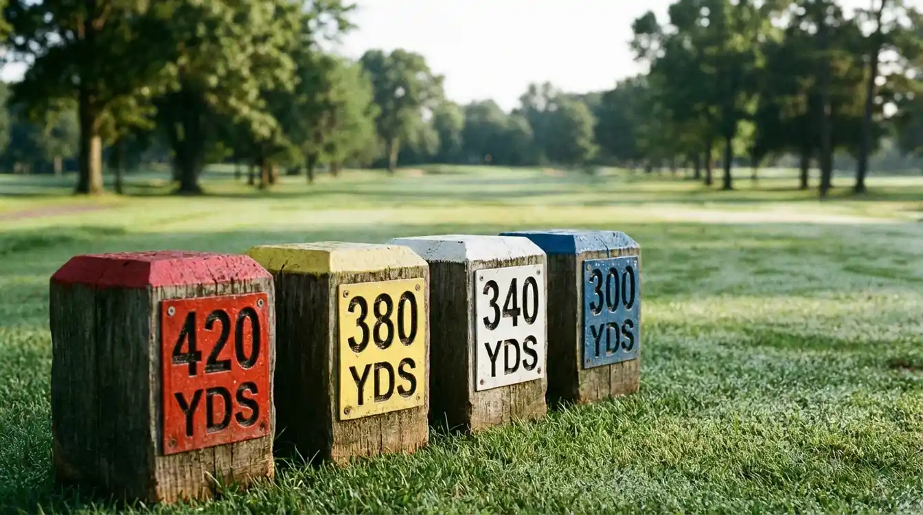 Verschillende gekleurde tee markers op een golfbaan met fairway op de achtergrond