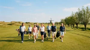 Groep golfers op een Nederlandse golfbaan tijdens een zonnige dag
