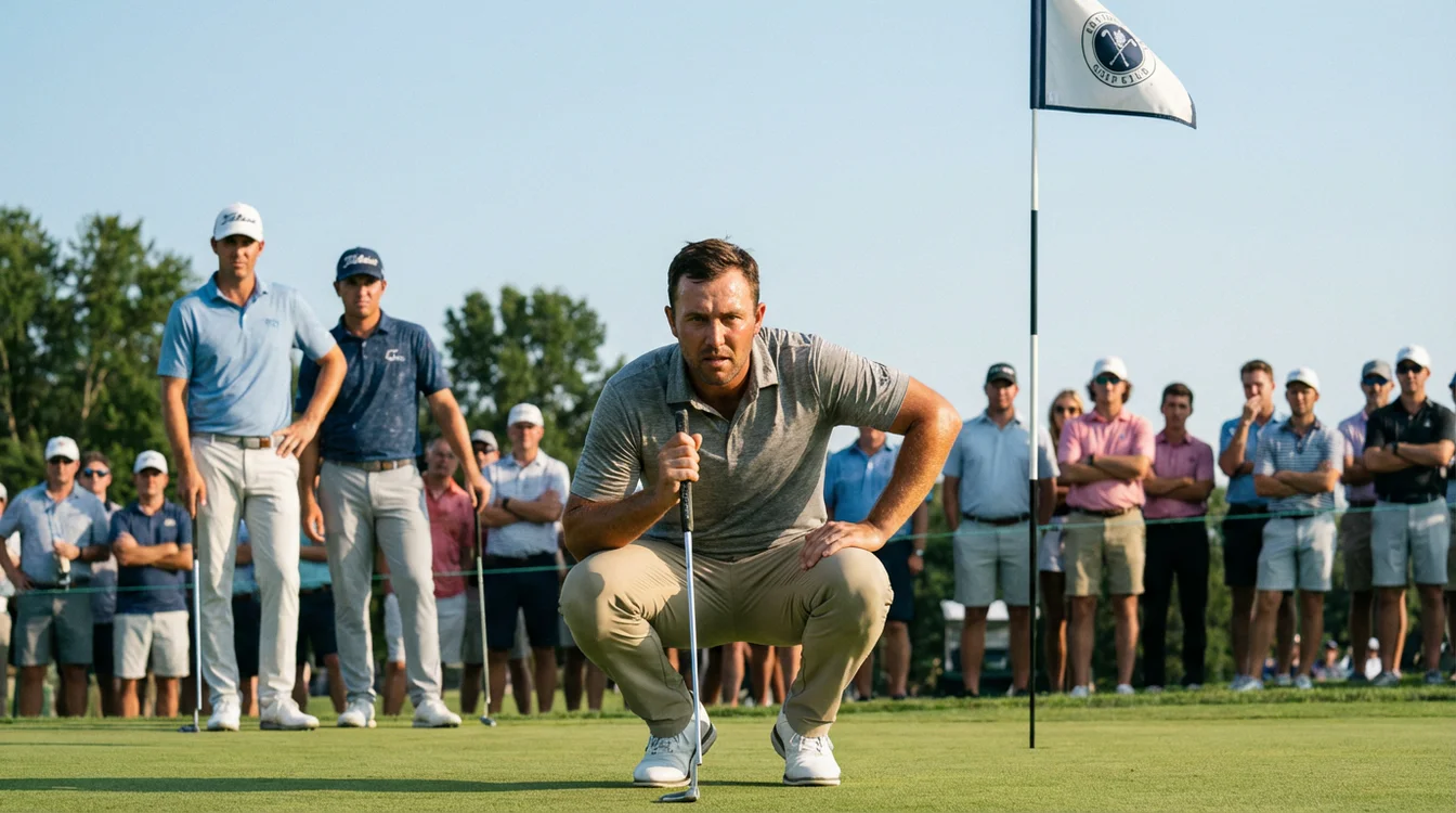 Golfer concentreert zich op een belangrijke putt tijdens een clubwedstrijd