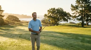 Golfer op een groene fairway met golfclub in de hand