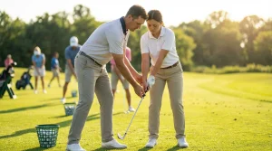 Beginnende golfer ontvangt instructie van een golfprofessional op de baan