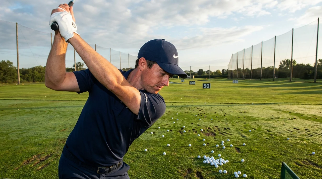 Golfer oefent zijn swing op de driving range