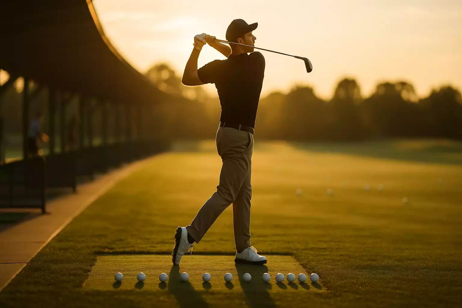 Toegewijde golfer oefent op de driving range bij zonsondergang, perfecte follow-through positie met meerdere golfballen klaar om geslagen te worden