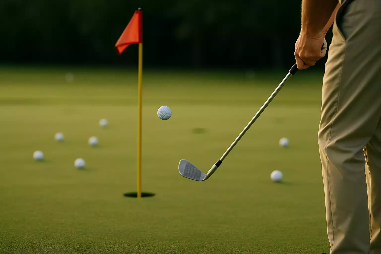 Close-up van golfer die chippen oefent rond de green, bal in de vlucht richting de vlag met meerdere oefenballen verspreid op de putting green