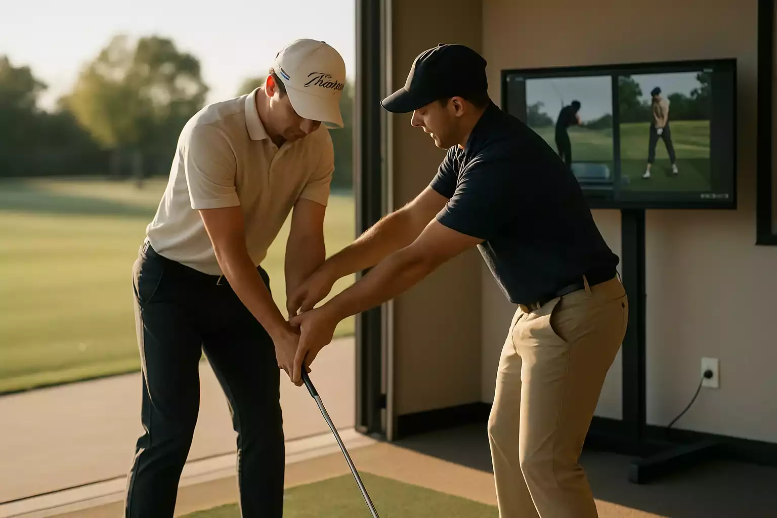 Professionele golfles met instructeur die naast leerling staat en grip of houding corrigeert, video-analysescherm zichtbaar op de achtergrond