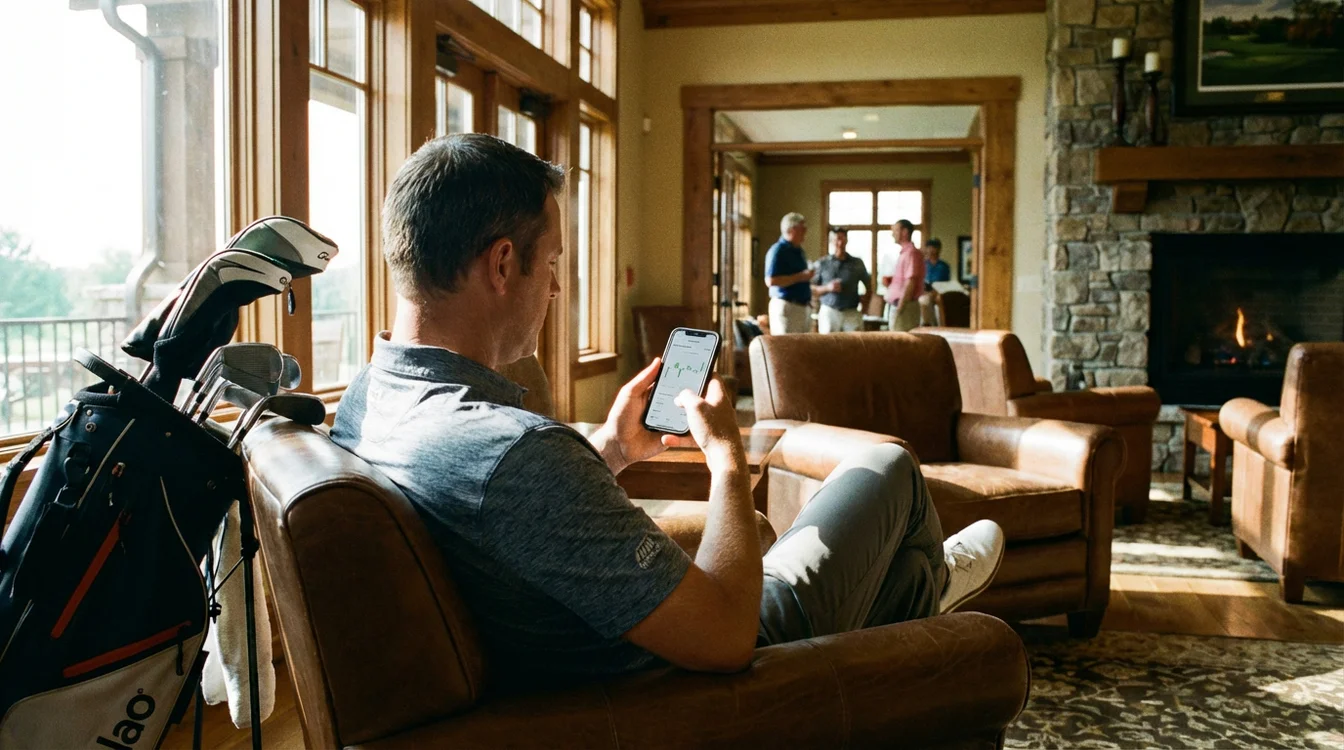 Golfer bekijkt zijn statistieken en handicapverloop in de app