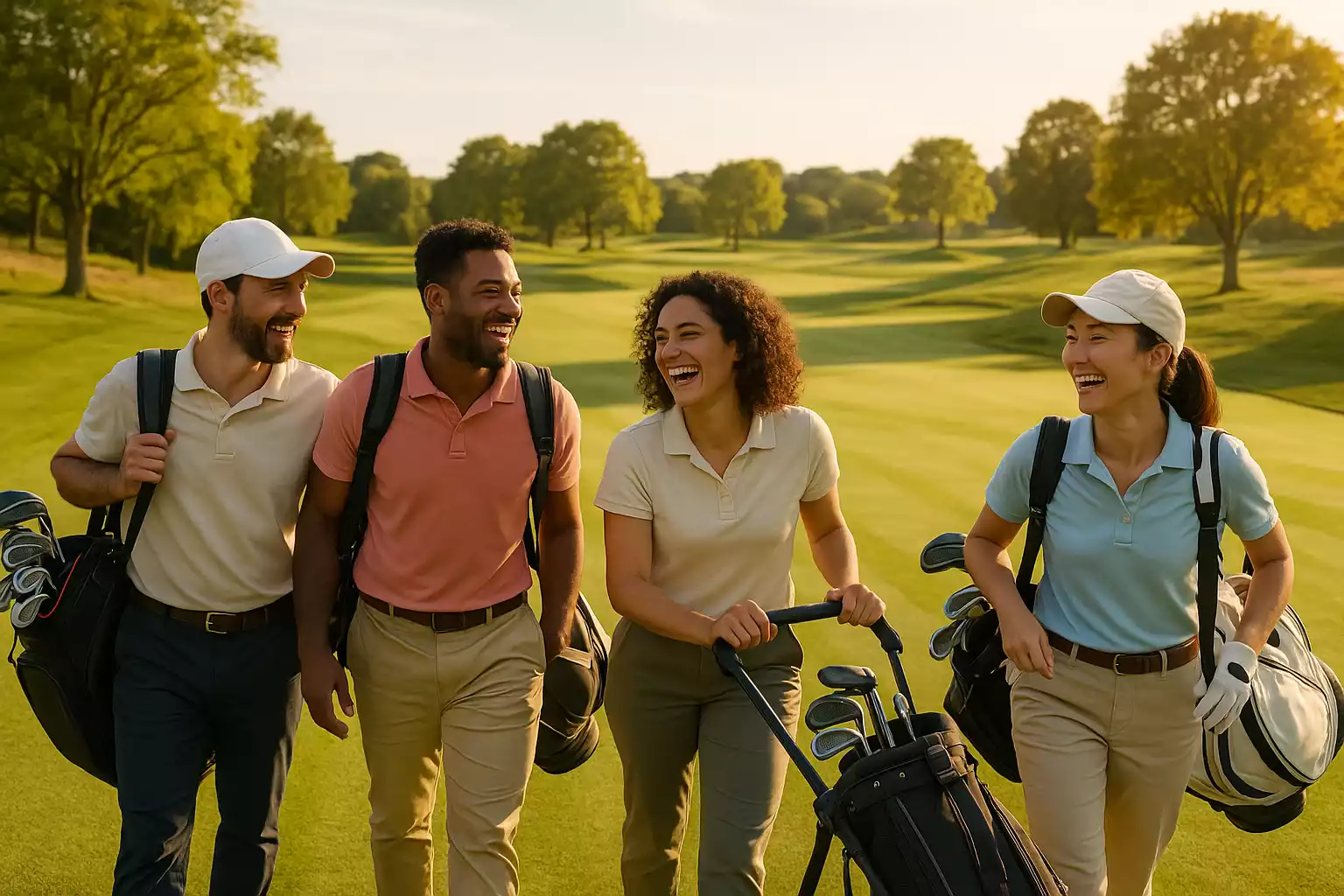 Vrolijke groep golfers wandelt over prachtige golfbaan fairway, vrienden lachen en genieten van sociale interactie bij gouden namiddaglicht