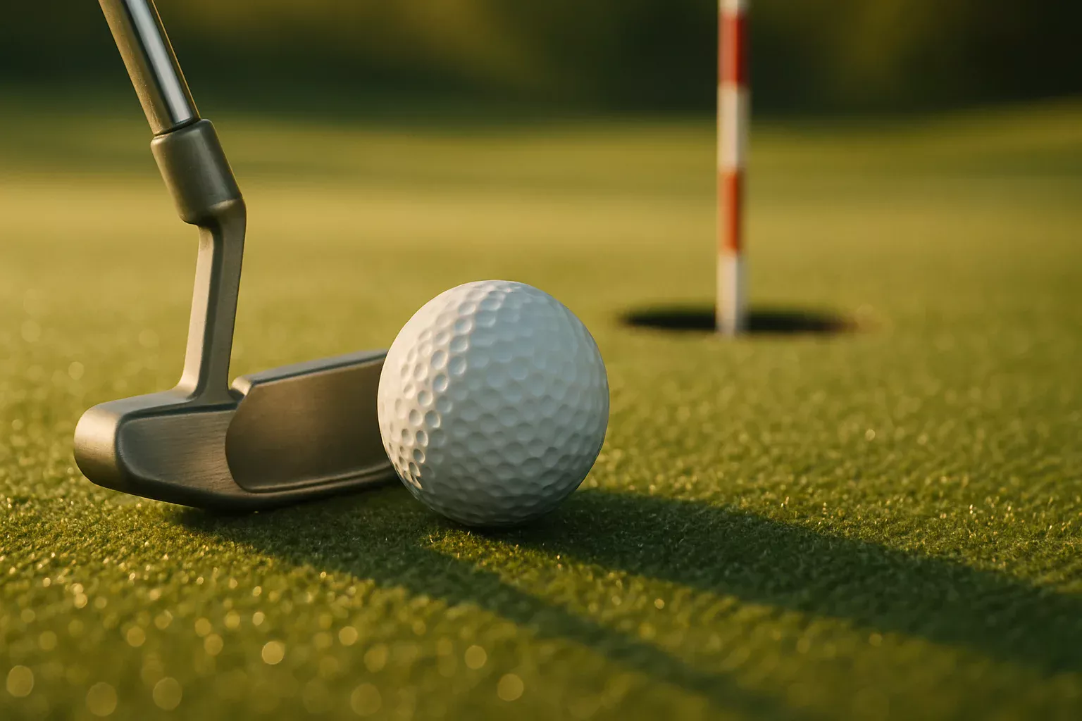 Close-up van een putting oefening op een perfect onderhouden green met ochtenddauw, putterkop nadert de golfbal met precieze uitlijning naar de hole, het belang van het korte spel voor handicapverbetering