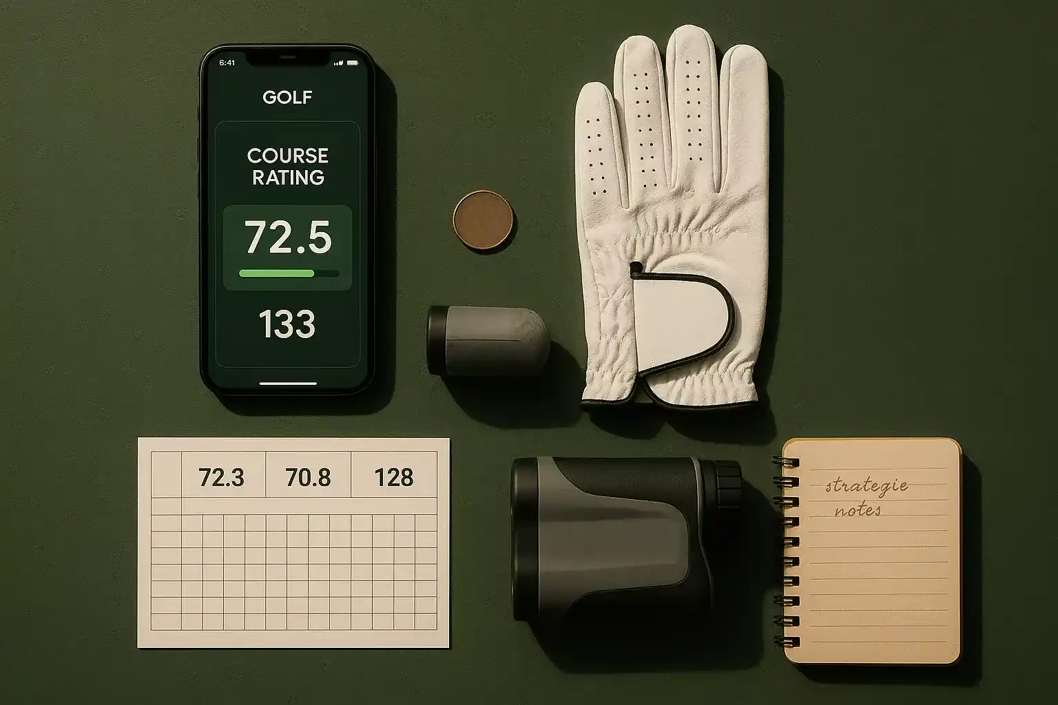 Flatlay van golfer voorbereidingsessentials: smartphone met golf app en course rating, scorekaart, golfhandschoen, afstandmeter en notitieboekje op donkergroene ondergrond