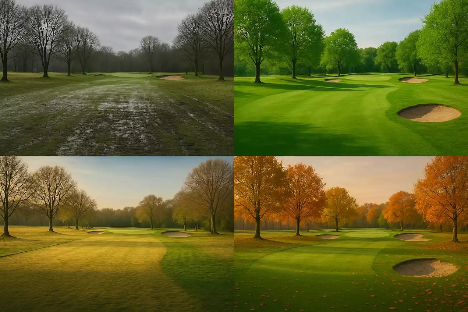 Vier-panelen seizoensvergelijking van dezelfde golfhole: winter met natte fairway, lente met fris groen, zomer met droge condities, herfst met vallende bladeren
