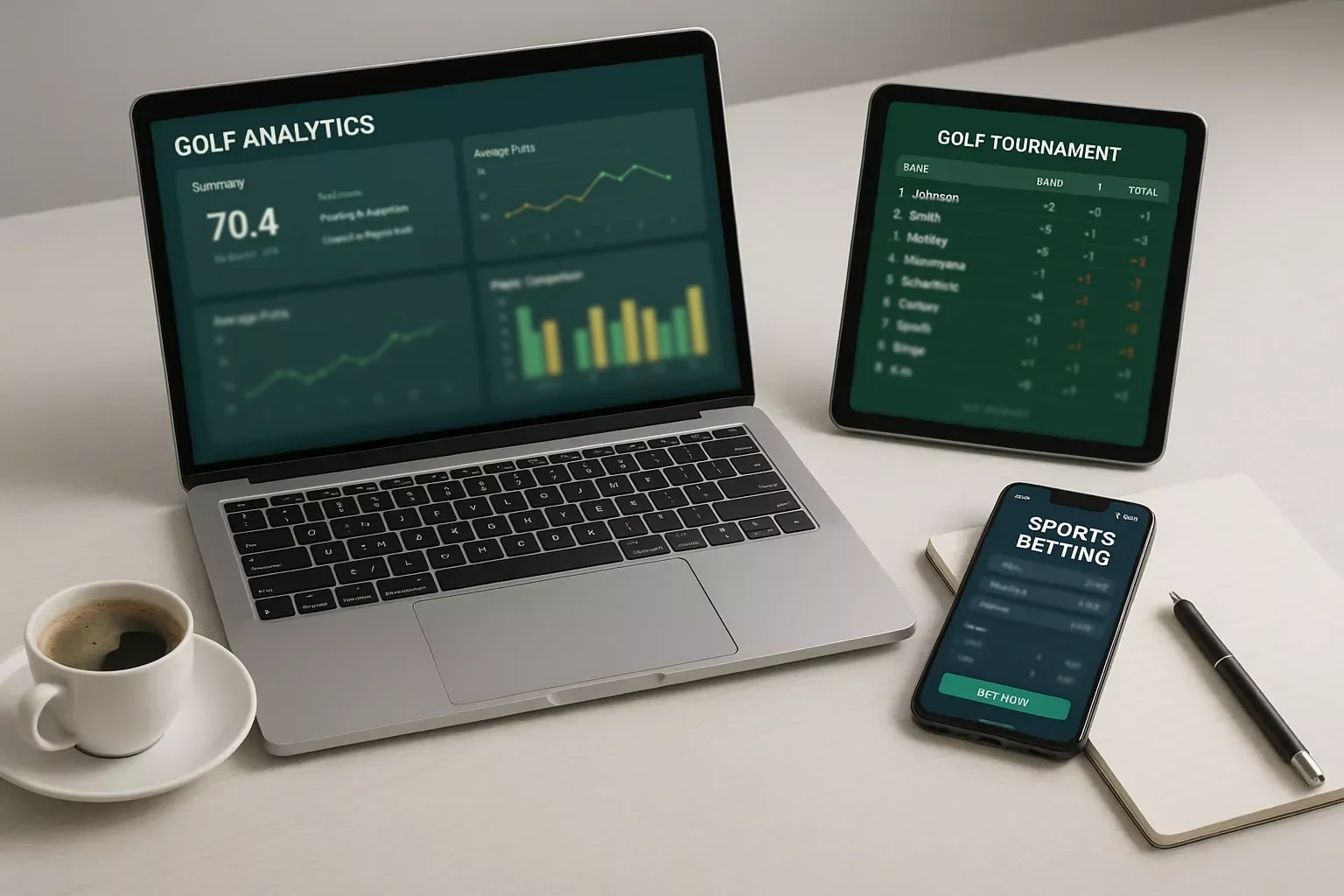 Moderne laptop en tablet met golf statistieken dashboard, data visualisatie grafieken in groen en goud, en smartphone met wedden app interface voor professionele sportanalyse en golfweddenschappen