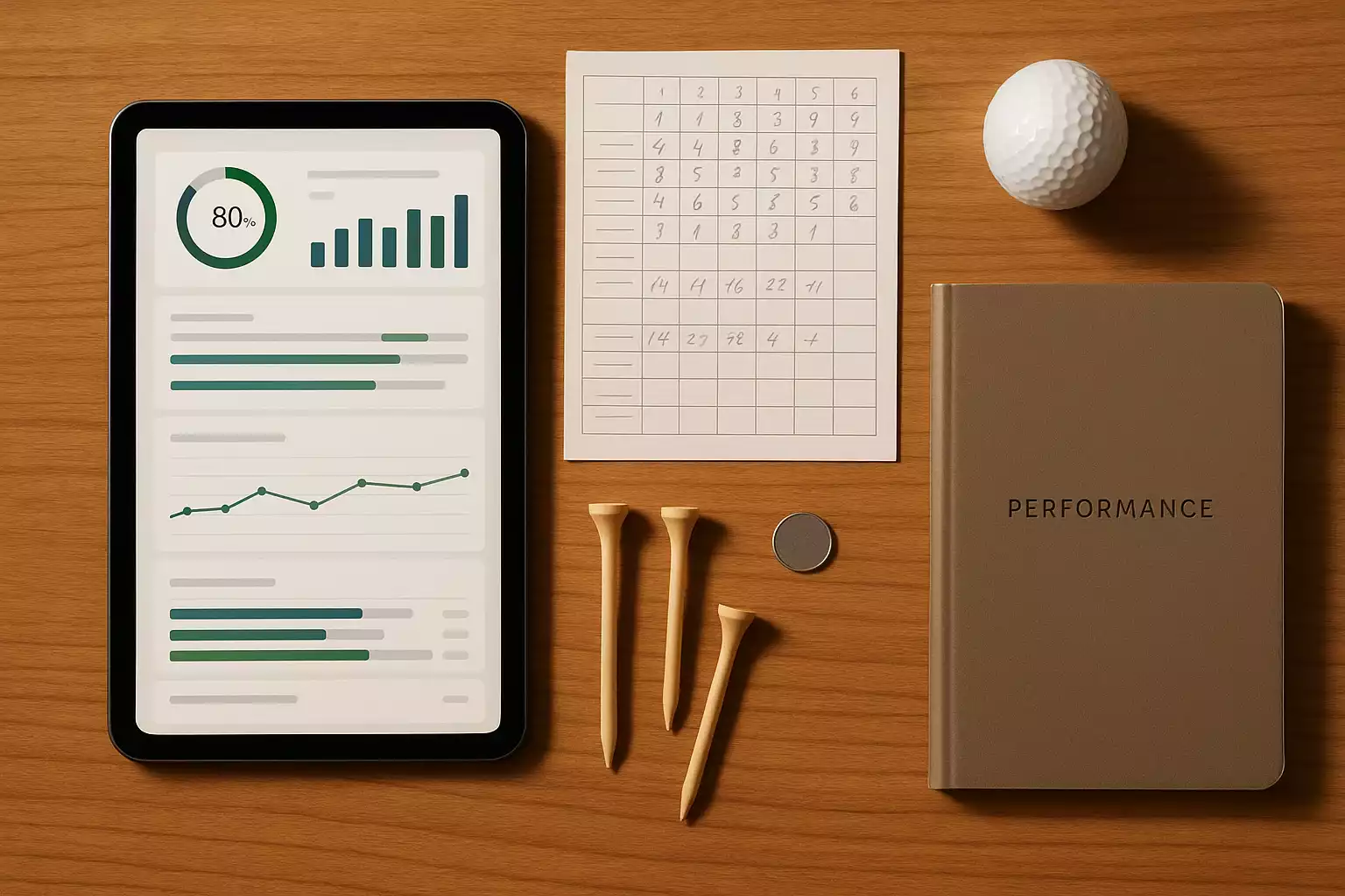 Moderne flatlay van golf voortgang tracking: smartphone met statistieken app, papieren scorekaart met notities, golftees en balmarker op houten bureau