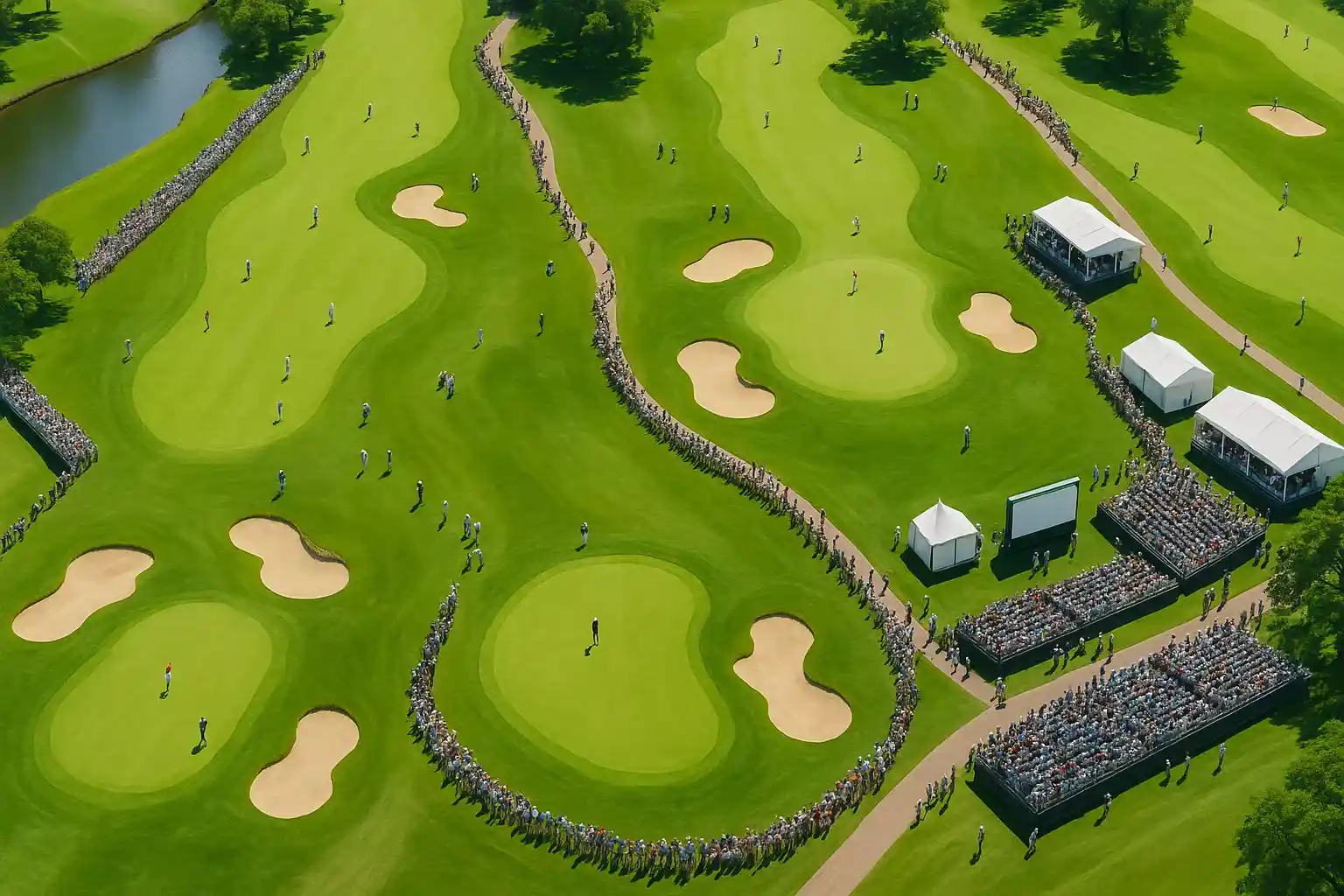 Luchtfoto van een professioneel golftoernooi met meerdere spelers op de baan, toeschouwers langs de fairway en scoreborden zichtbaar