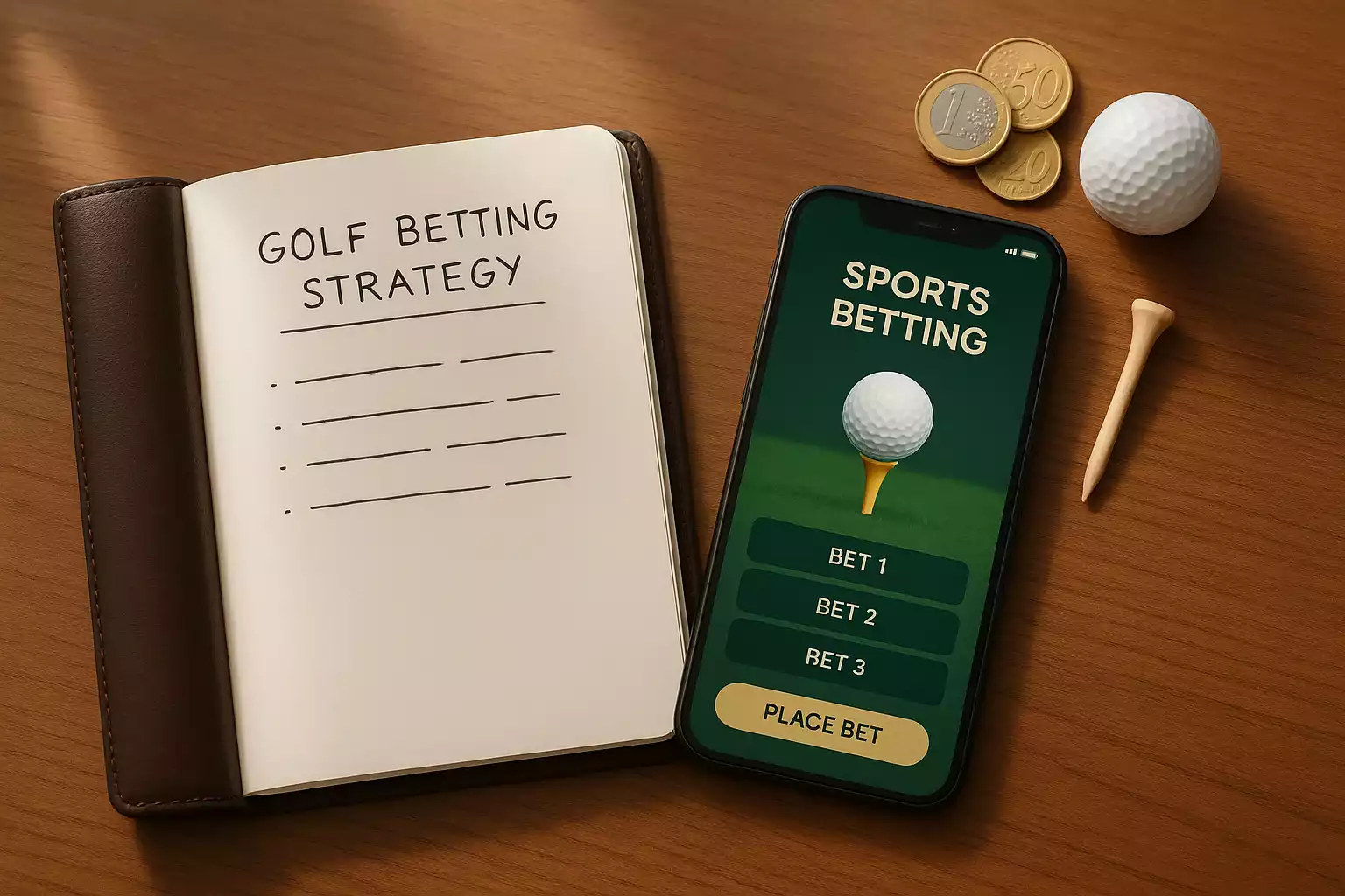 Moderne werkplek met notitieboek, smartphone met sport-app, euromünten en golfbal die een doordachte financiële planning voor golfweddenschappen symboliseren