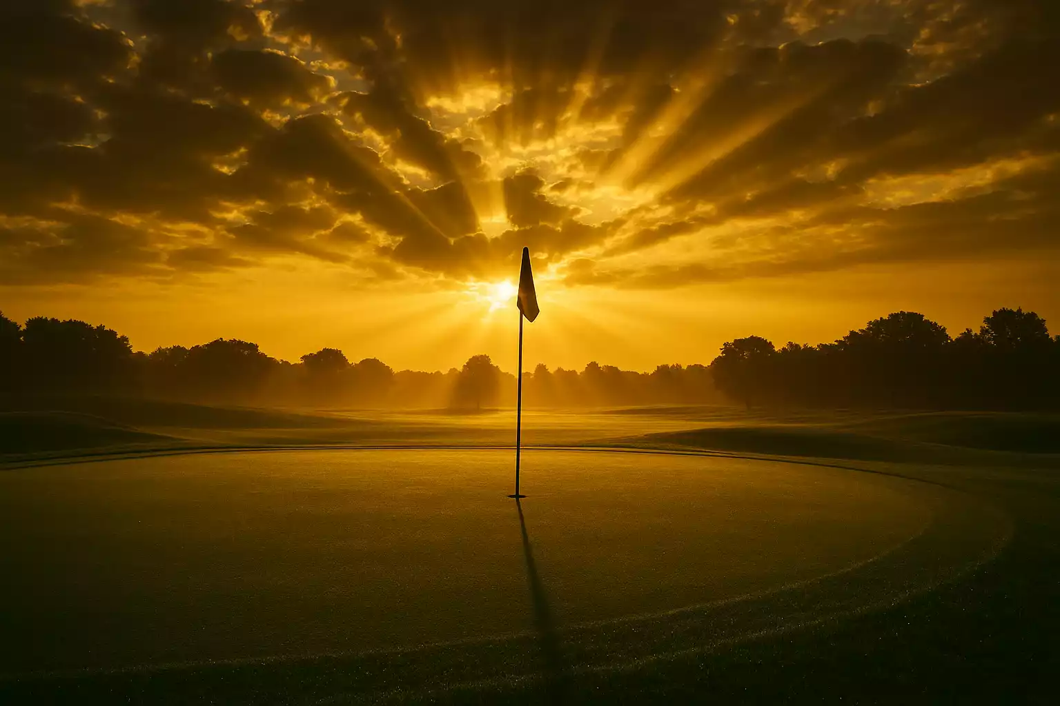 Inspirerend beeld van een golfbaan bij zonsopgang met dramatische gouden lichtstralen door de wolken en een perfect onderhouden putting green met ochtenddauw