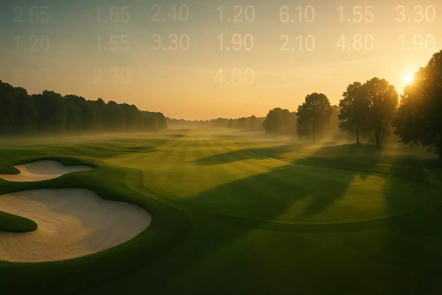 Panoramisch uitzicht op een professionele golfbaan bij zonsondergang met groene fairways en witte bunkers, het perfecte beeld voor slimme golfweddenschappen