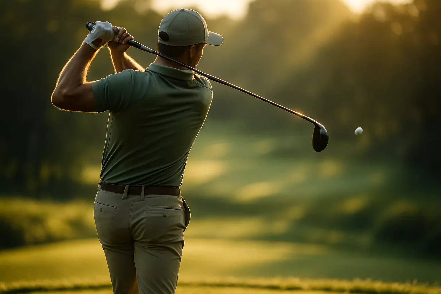 Professionele golfer tijdens een krachtige dynamische afslag op de tee, met perfecte swing techniek en follow-through beweging in warm ochtendlicht op een groene fairway