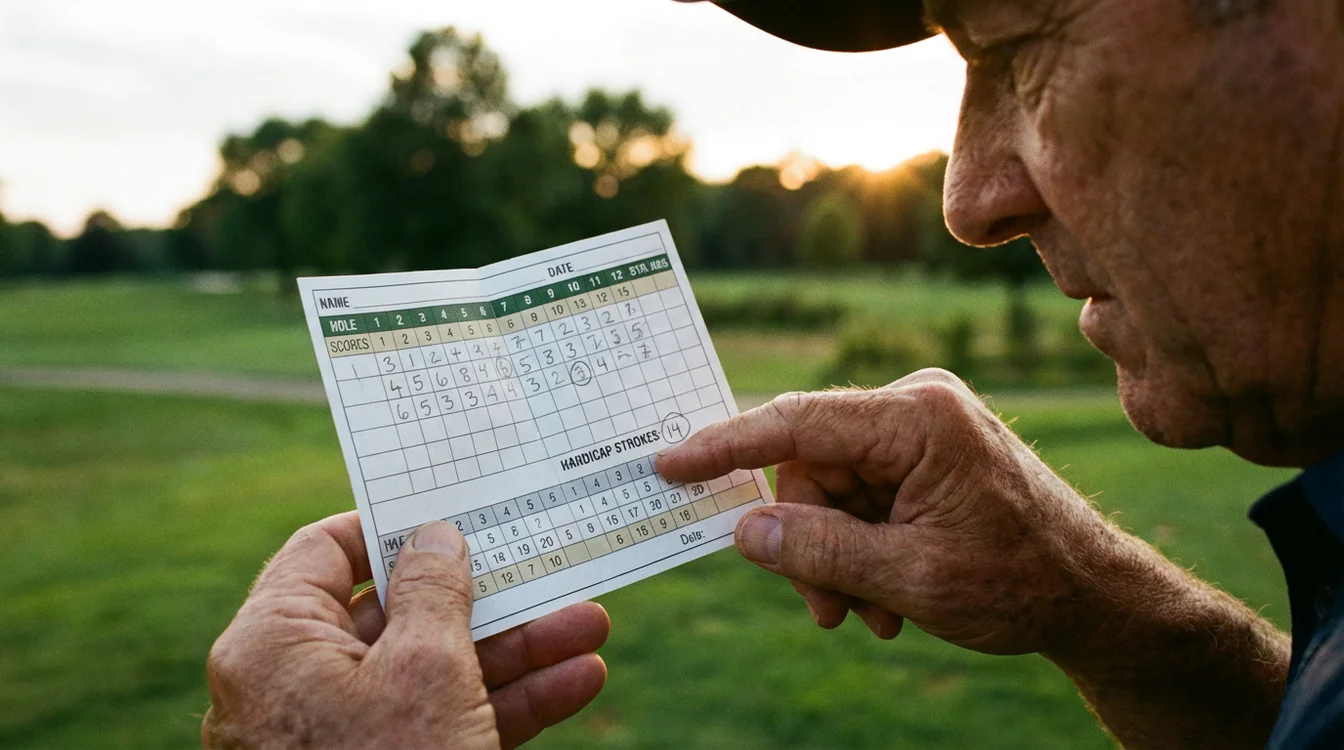 Golfer bekijkt zijn playing handicap op de scorekaart