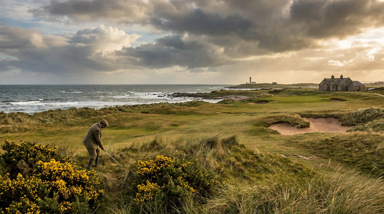 Golfer geniet van een ronde op een linksbaan aan de kust