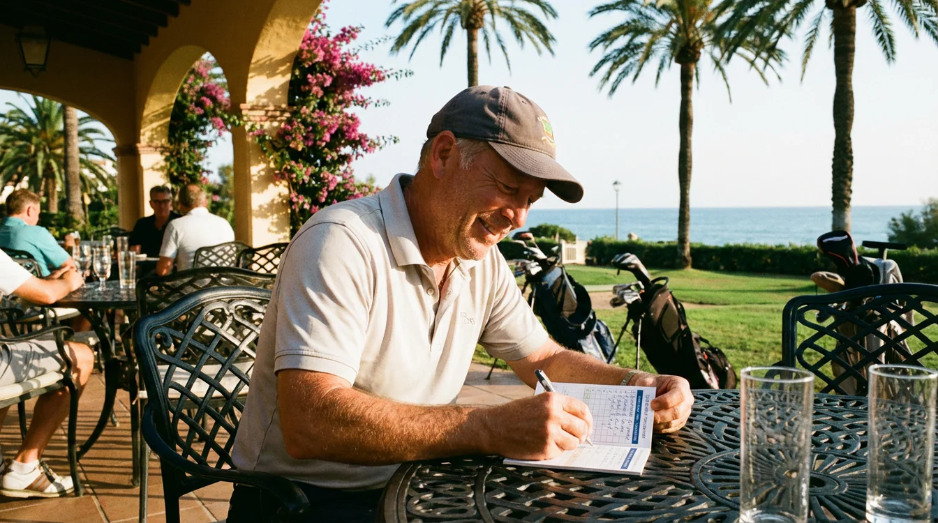 Golfer noteert zijn score op een buitenlandse scorekaart