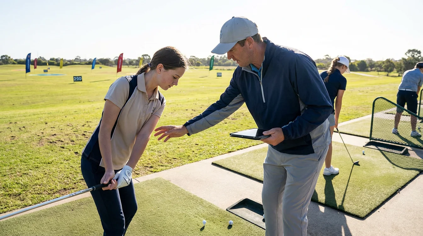 Jonge golfer oefent op de driving range onder begeleiding