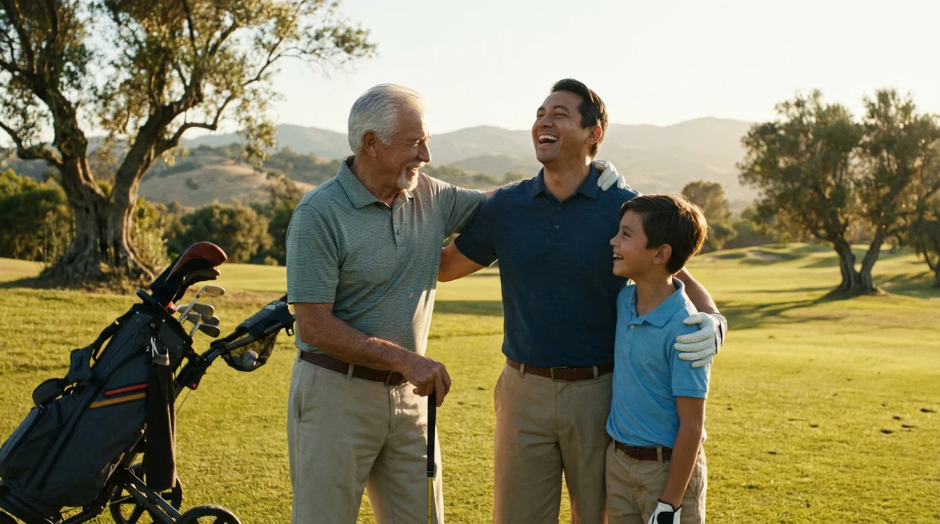 Multigenerationele groep golfers geniet samen van een ronde