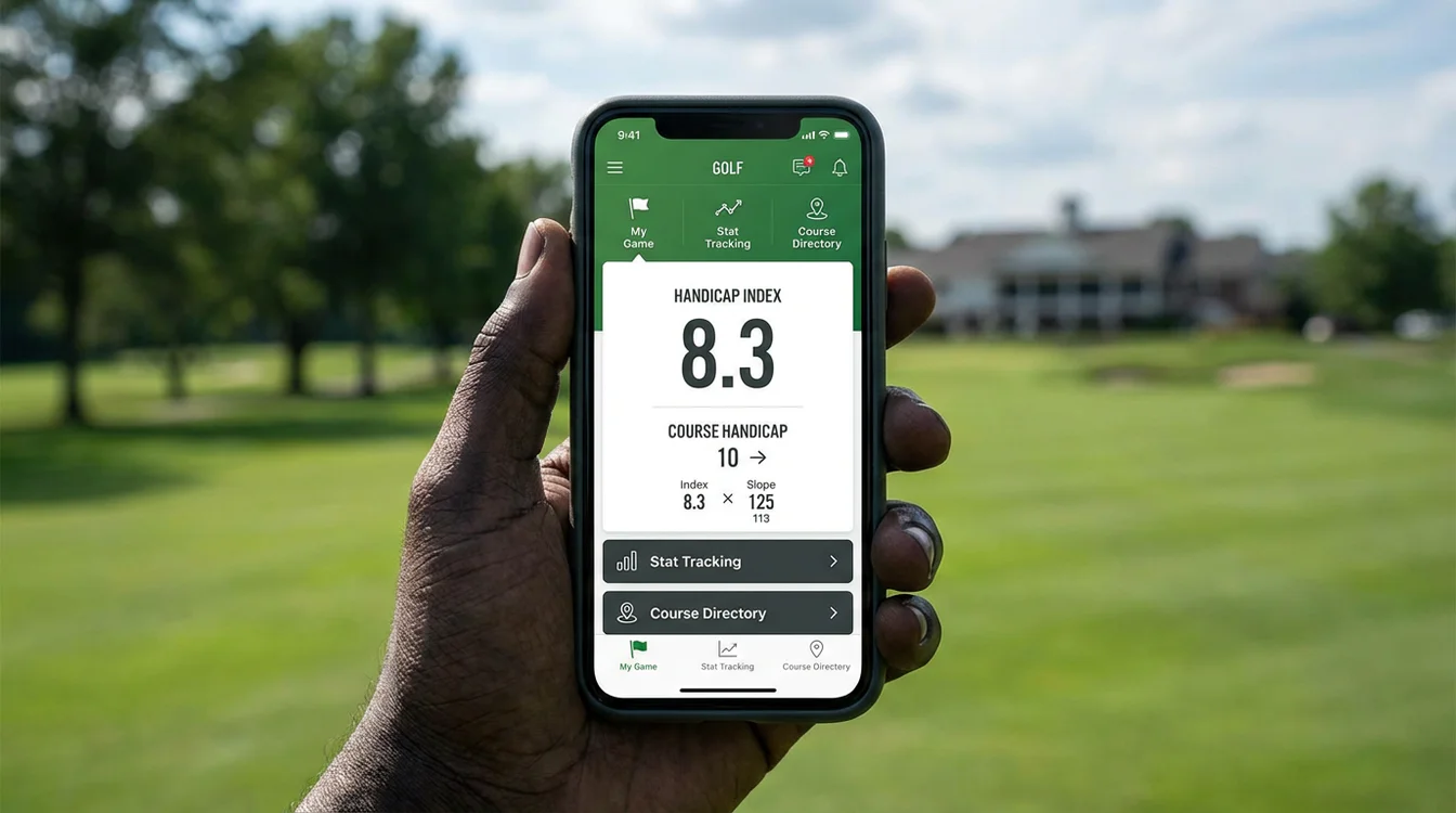 Smartphone scherm toont golf app met handicap index en baanhandicap informatie