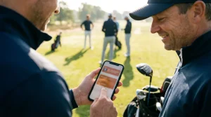 Golfer bekijkt zijn digitale NGF-pas op smartphone voor aanvang van een ronde