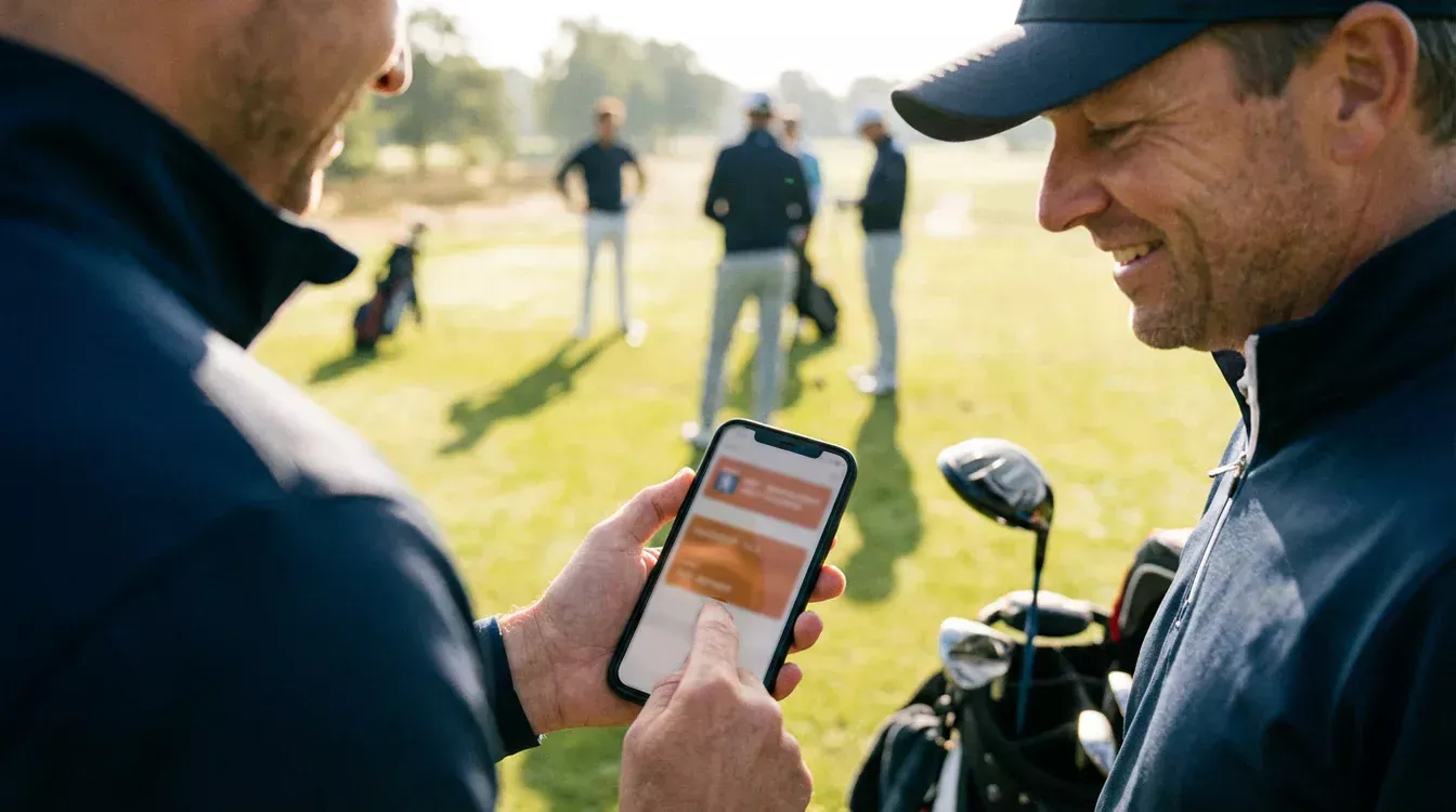 Golfer bekijkt zijn digitale NGF-pas op smartphone voor aanvang van een ronde